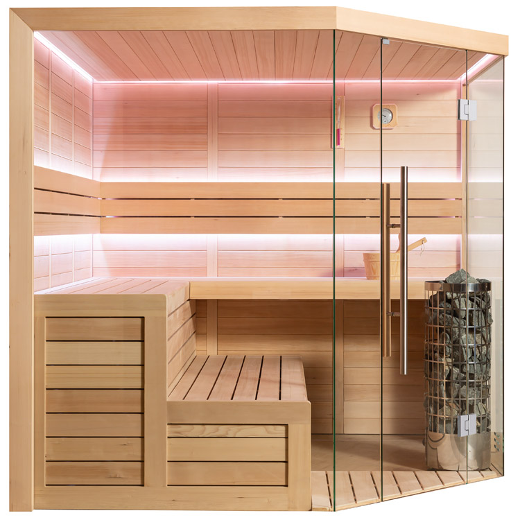 Eight-Person Corner Traditional Sauna with Panoramic Glass and Tiered Benches CSA-995 reference view 2