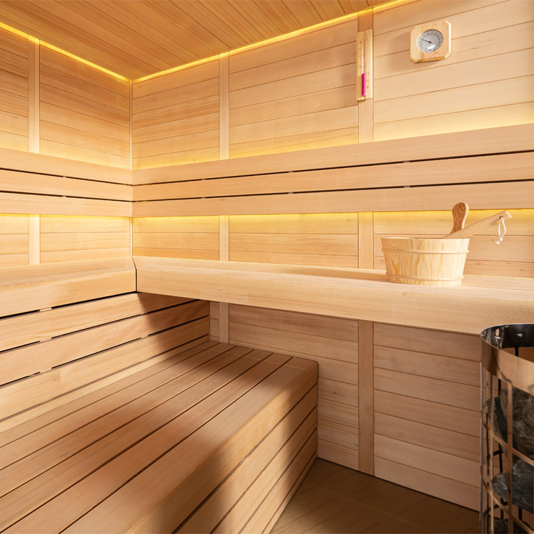 Eight-Person Corner Traditional Sauna with Panoramic Glass and Tiered Benches CSA-995 reference view 3