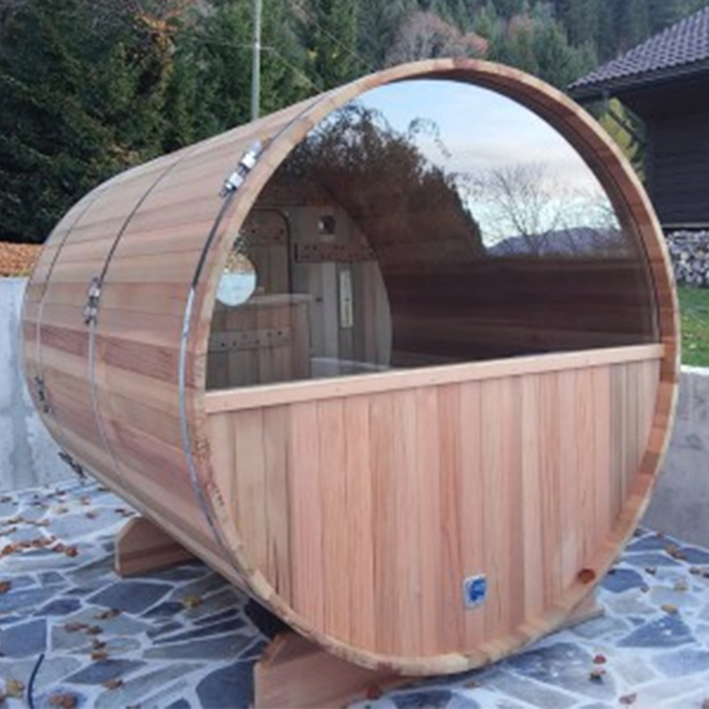 Panoramic-Window Barrel Sauna with Front Porch and Exterior Seats product image