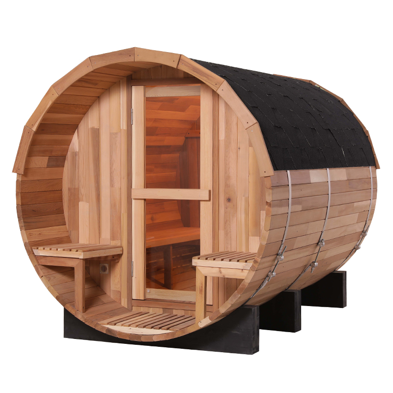 Panoramic-Window Barrel Sauna with Front Porch and Exterior Seats CSA-999 reference view 2