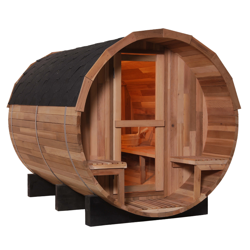 Panoramic-Window Barrel Sauna with Front Porch and Exterior Seats CSA-999 reference view 3