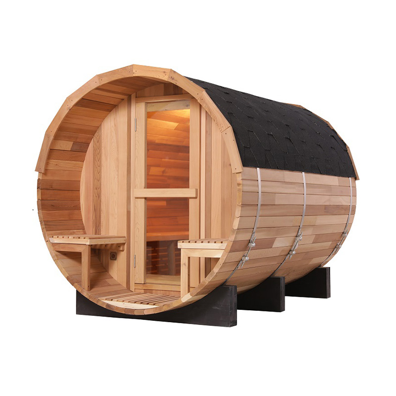 Panoramic-Window Barrel Sauna with Front Porch and Exterior Seats CSA-999 reference view 4