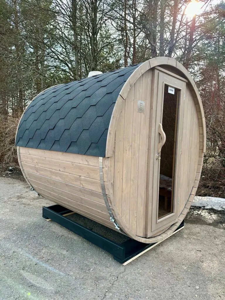 CSA-32 Charcoal Grey Barrel Sauna with Glass Door Front angle