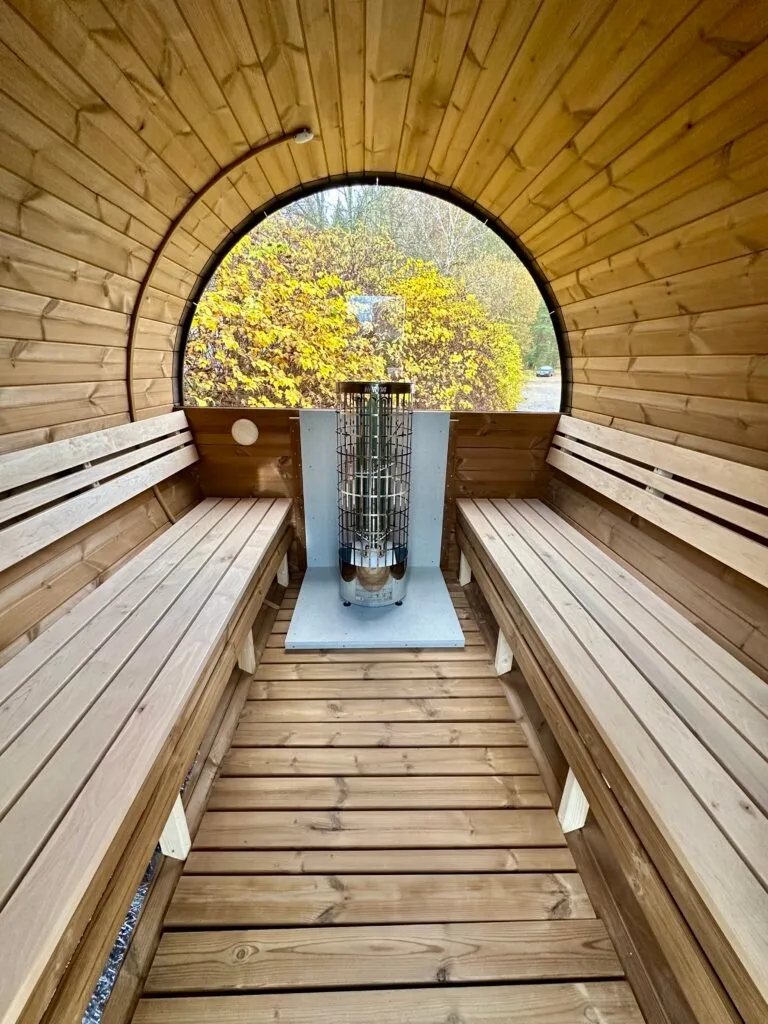 CSA-32 Charcoal Grey Barrel Sauna with Glass Door Interior detail