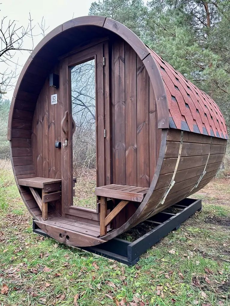 4-6 Person Dark-Stained Barrel Sauna with Open Porch product image