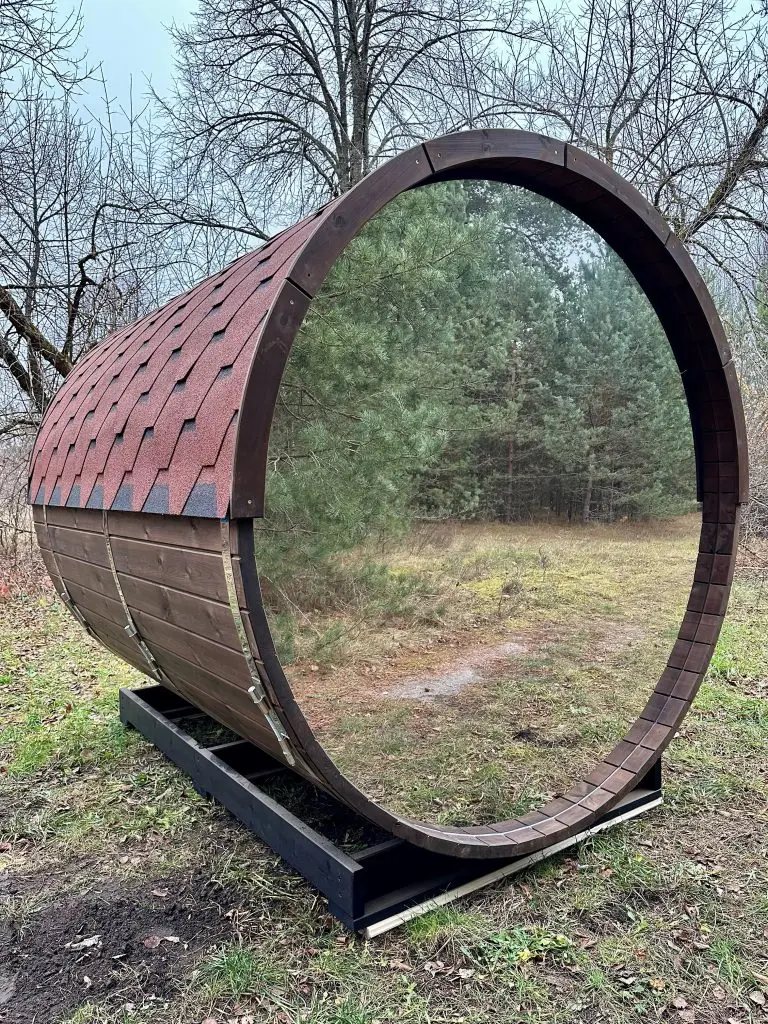 4-6 Person Dark-Stained Barrel Sauna with Open Porch CSA-51 Side view