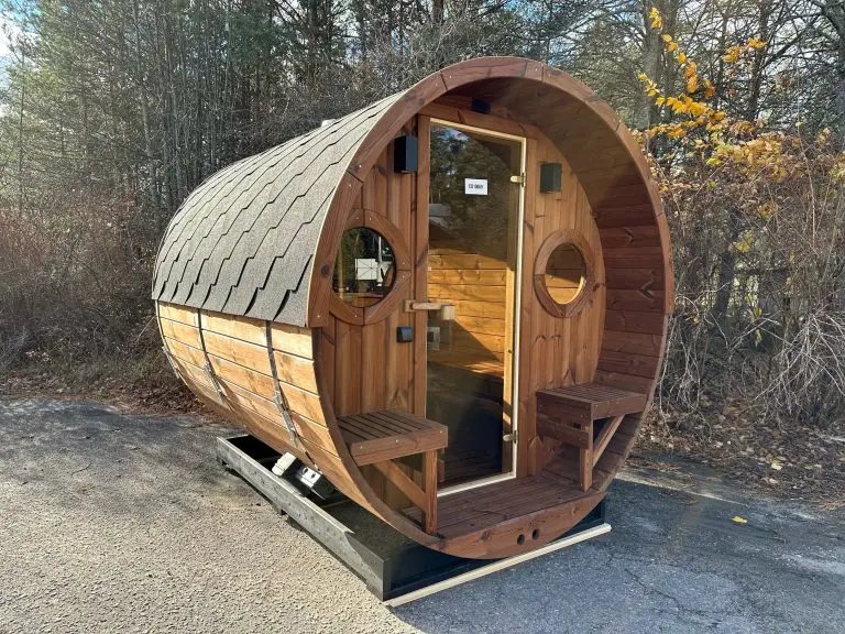 CSA-51 4-6 Person Dark-Stained Barrel Sauna with Open Porch Cabin finish detail