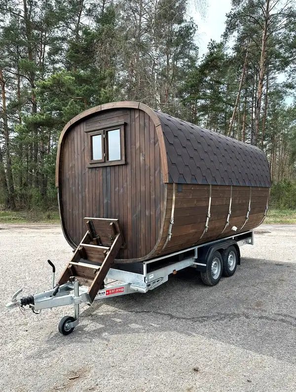 Mobile Barrel Sauna Trailer with Full Glass Front for 4-6 Person Use product image