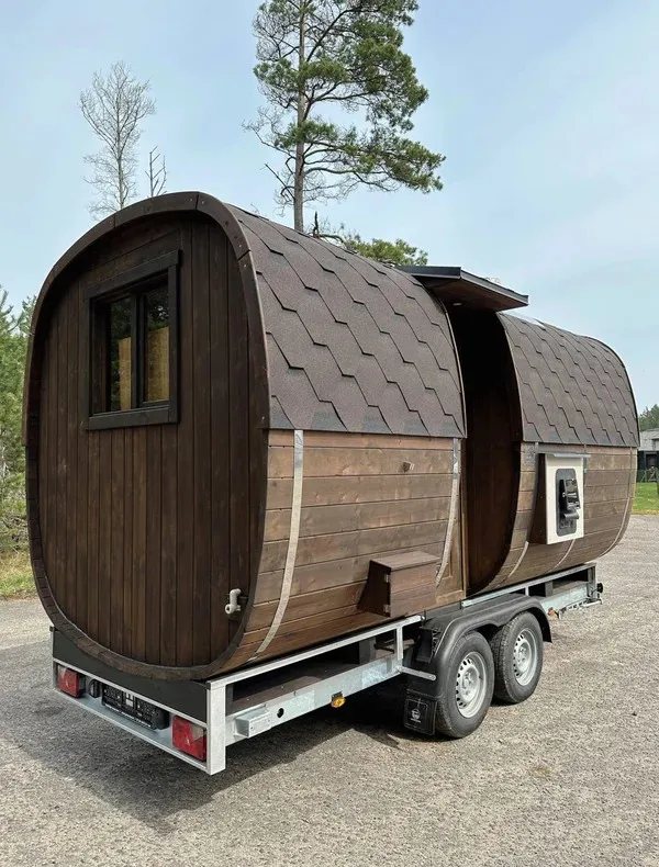 Mobile Barrel Sauna Trailer with Full Glass Front for 4-6 Person Use CSA-77 Side view