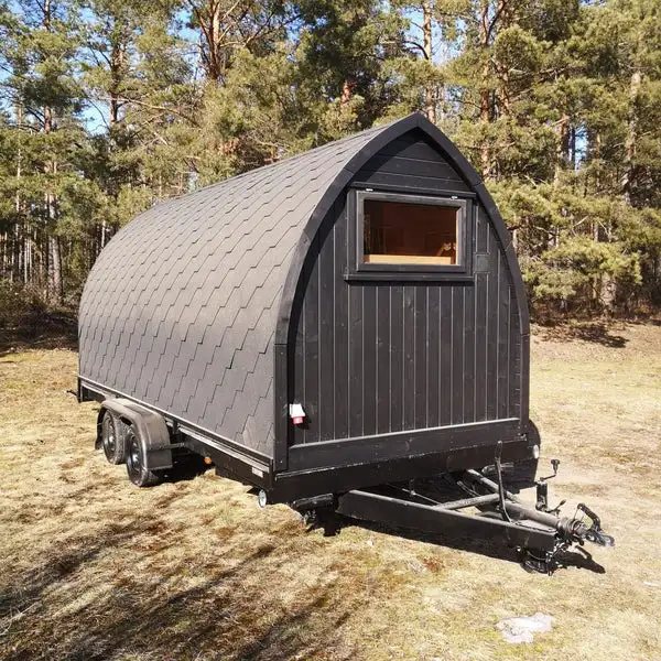 CSA-77 Mobile Barrel Sauna Trailer with Full Glass Front for 4-6 Person Use Cabin finish detail