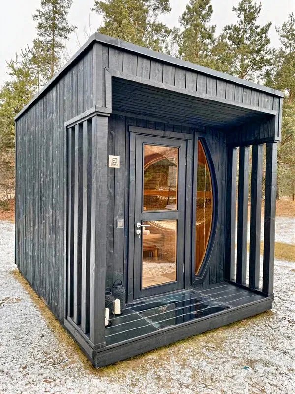 Modern Black Cube Sauna Cabin with Open Porch product image