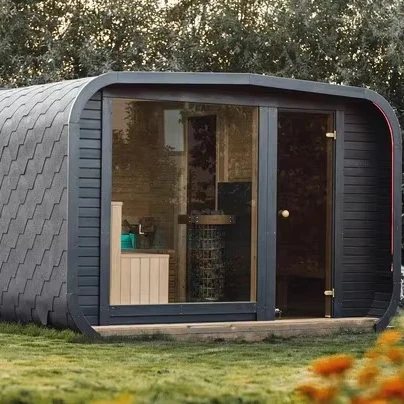 Modern Curved Outdoor Sauna Room with Large Glass Front product image