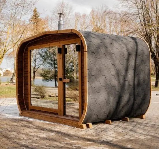 Modern Curved Outdoor Sauna Room with Large Glass Front CSA-47 Side view