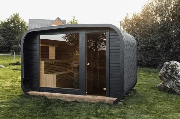 CSA-47 Modern Curved Outdoor Sauna Room with Large Glass Front Cabin finish detail