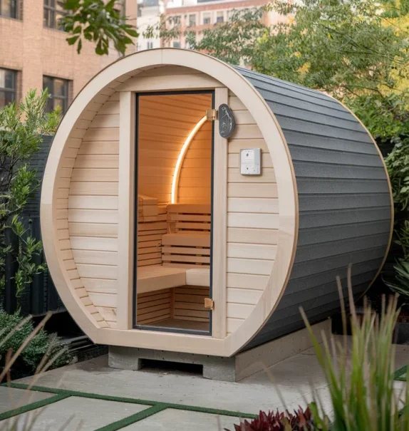 Round Solid Wood Outdoor Barrel Sauna Room CSA-54 Side view