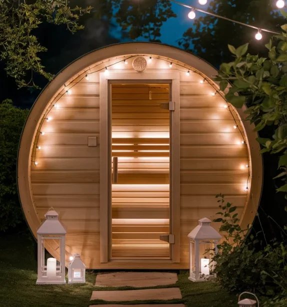 CSA-54 Round Solid Wood Outdoor Barrel Sauna Room Cabin finish detail
