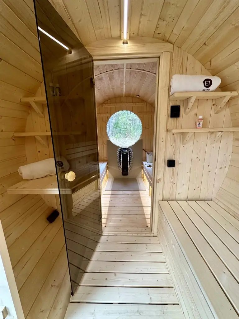 Nordic-Style Barrel Sauna with Changing Room CSA-42 Side view
