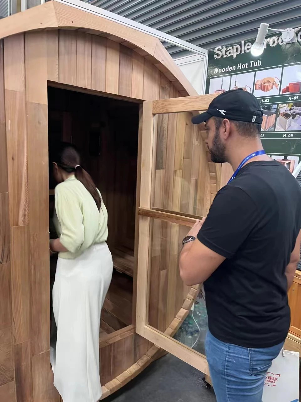 CSA-48 Red Outdoor Barrel Sauna with Electric Heater Route Cabin finish detail