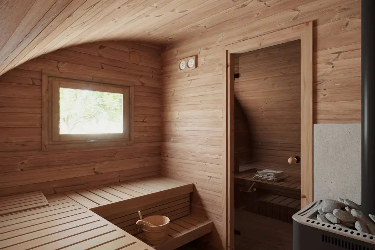 Weathered Red Cedar Barrel Sauna with Multi-Panel Glass CSA-89 Side view