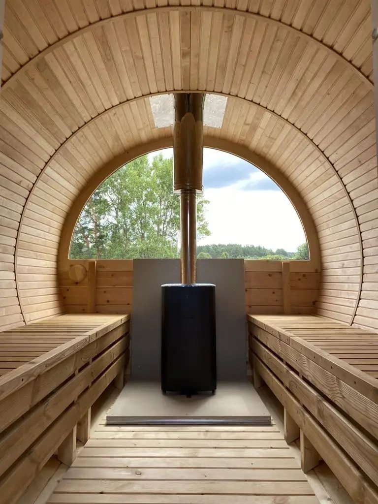 CSA-36 4-6 Person Cedar Wood-Burning Barrel Sauna for Outdoor Projects Front angle