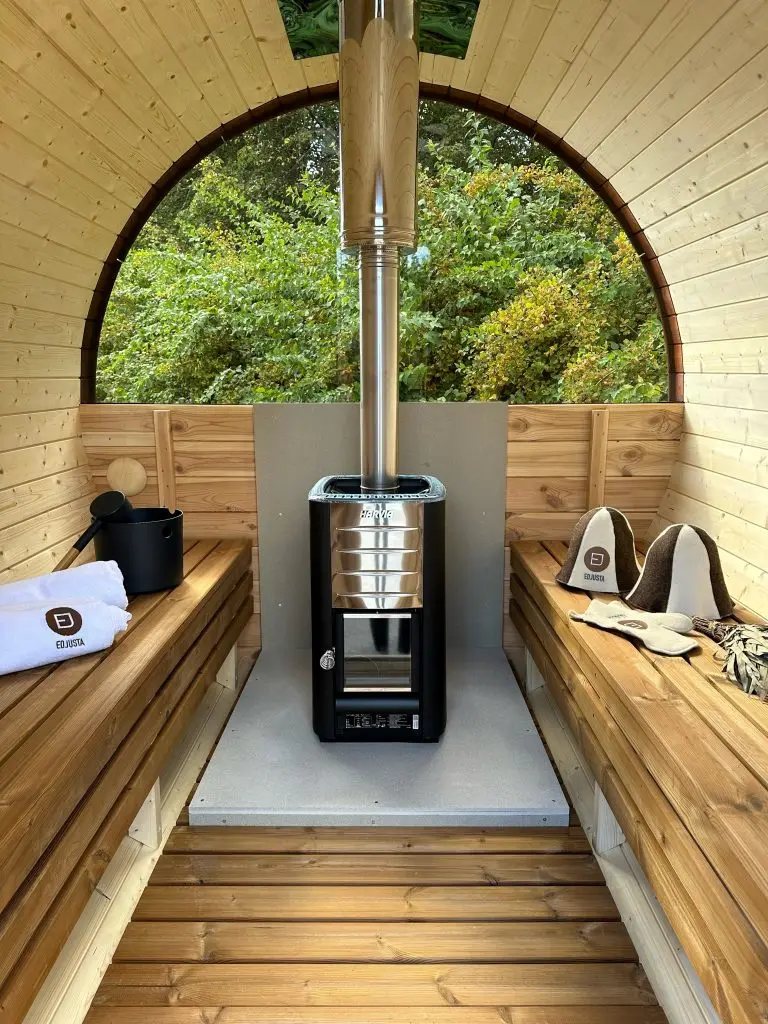 Wood-Burning Barrel Sauna with Front Stove CSA-35 Side view