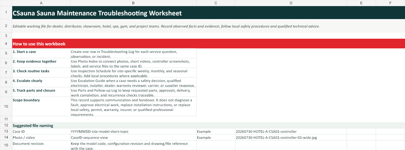 Preview of the CSauna sauna maintenance troubleshooting worksheet read-me with case workflow and scope boundary